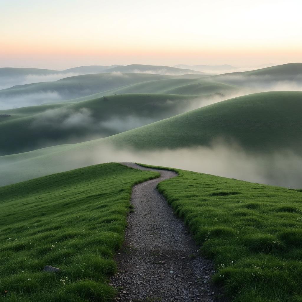A path winding through misty green hills at dawn