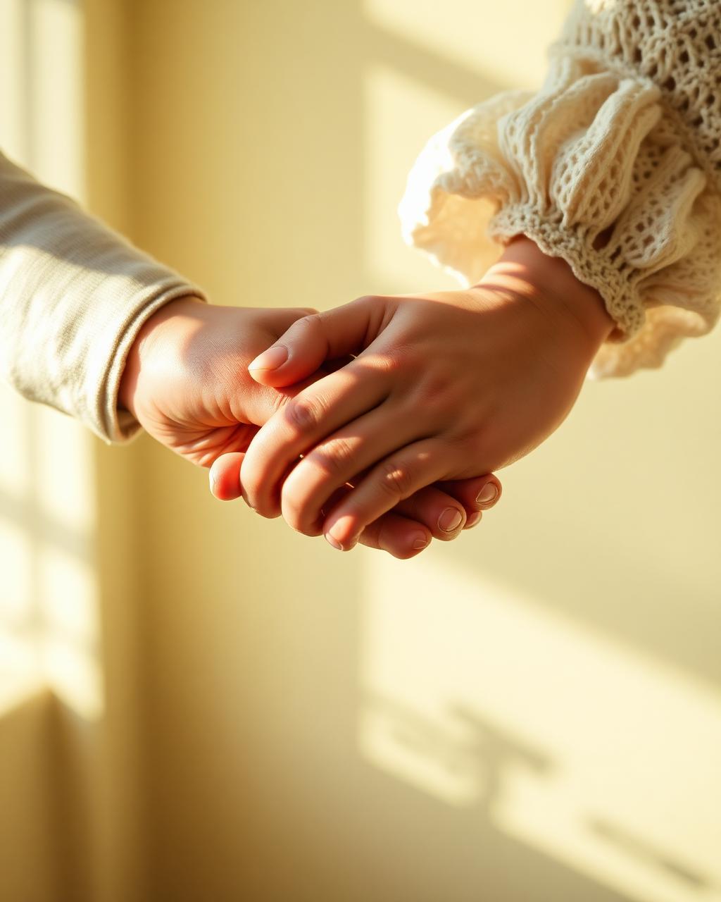 Two hands gently holding each other in warm light